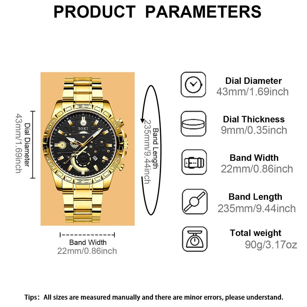 Men's gold business calendar quartz watch with stainless steel strap and 10mm thickness
