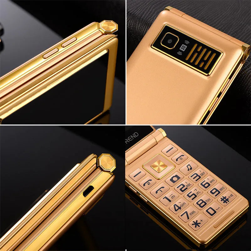 Dual Screen Flip A15 phone in black, gold, or coffee colour, showing internal and external screens.