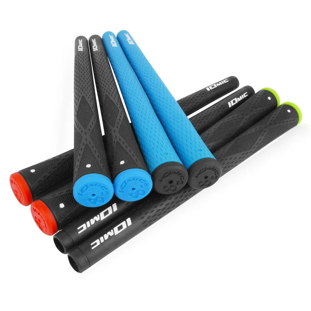 TPE material golf club grip shown in various colours including pink, red, blue, and black with coloured head designs.