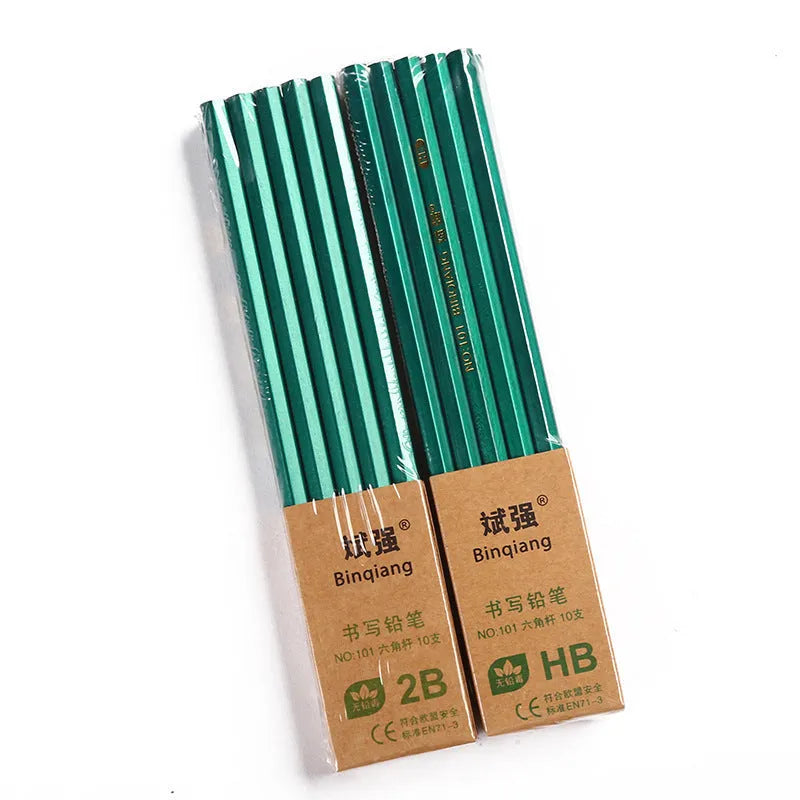 Box of ten Green Rod pencils with six-angle rod wooden shells in HB and 2B grades.