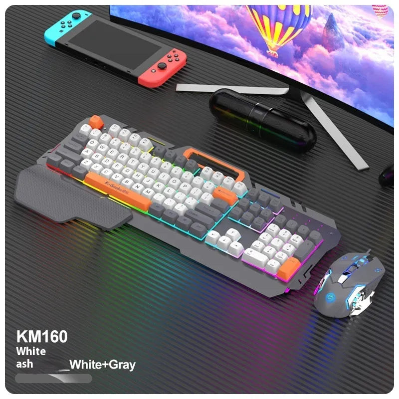 Blue wired gaming keyboard and mouse set with LED backlight on desk with 1.5 metre USB cable