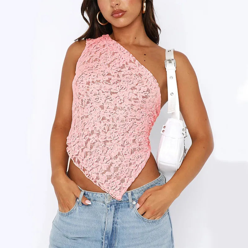 Women's sleeveless lace backless vest top with asymmetrical neckline in solid colour