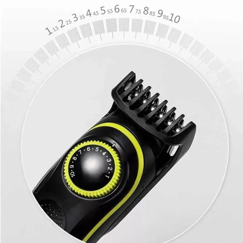 Black rechargeable electric hair clipper set with stainless steel blades, brush, and cloth.
