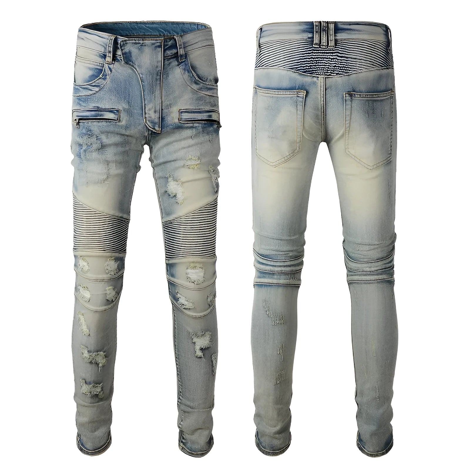 Light blue men's slim fit distressed jeans with hand-frayed detailing on the knees and hem.