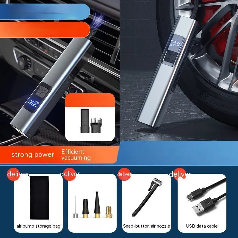 Wireless digital display car air pump and vacuum cleaner with USB-C cable and accessories.