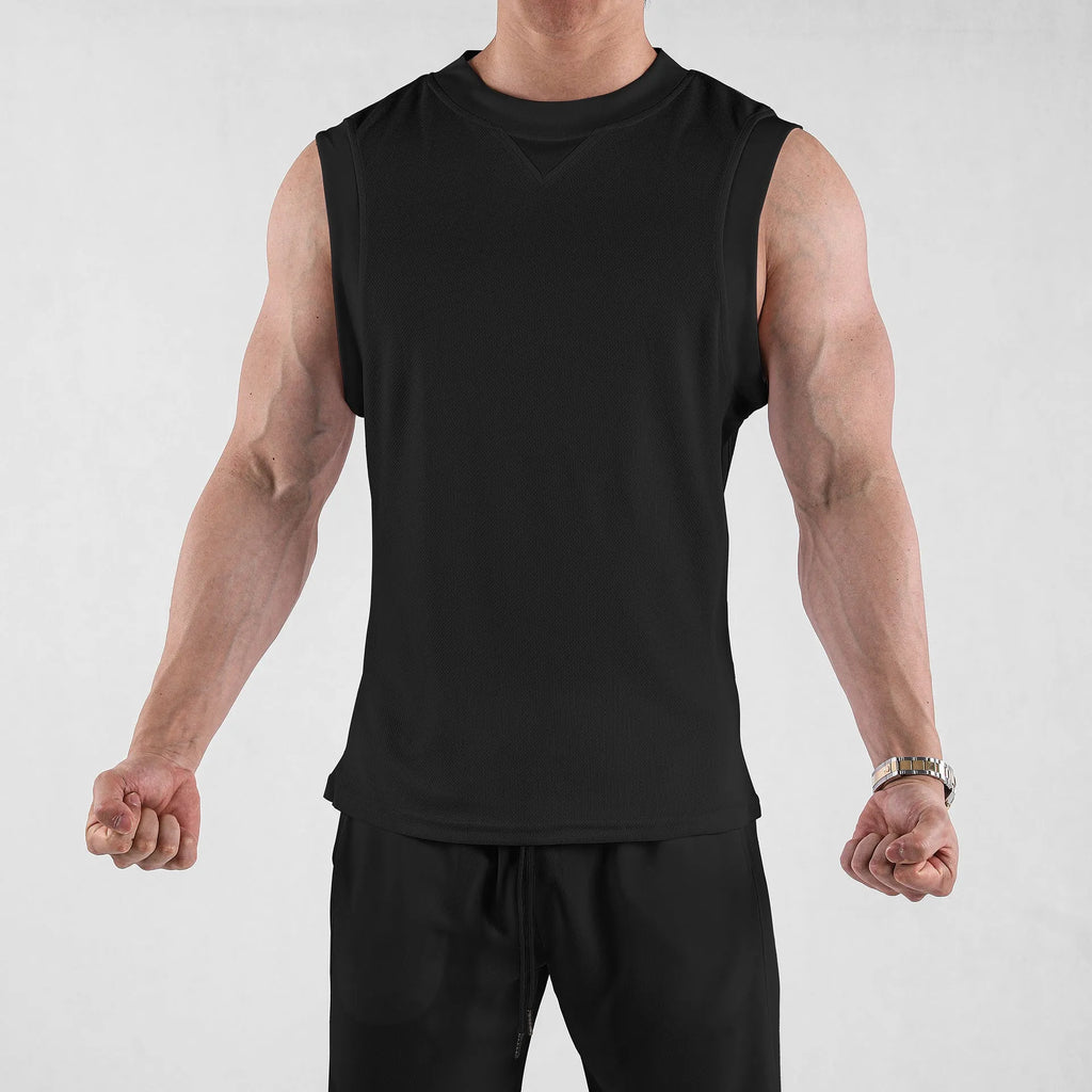Men's loose fit sports vest in white or black colours showing chemical fibre blend quick-dry fabric