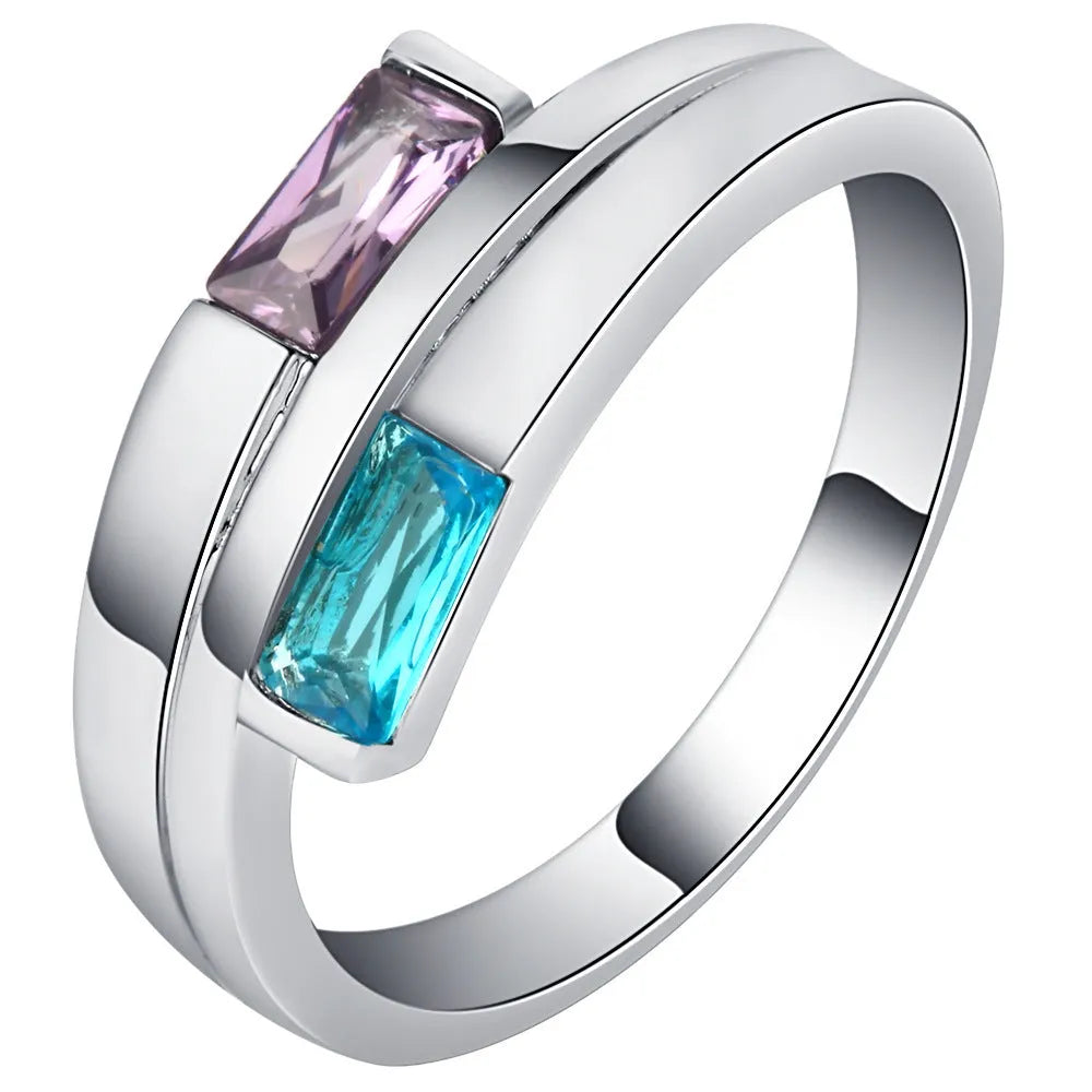 Silver-coloured copper ring with zircon stone inlay in European American ins style