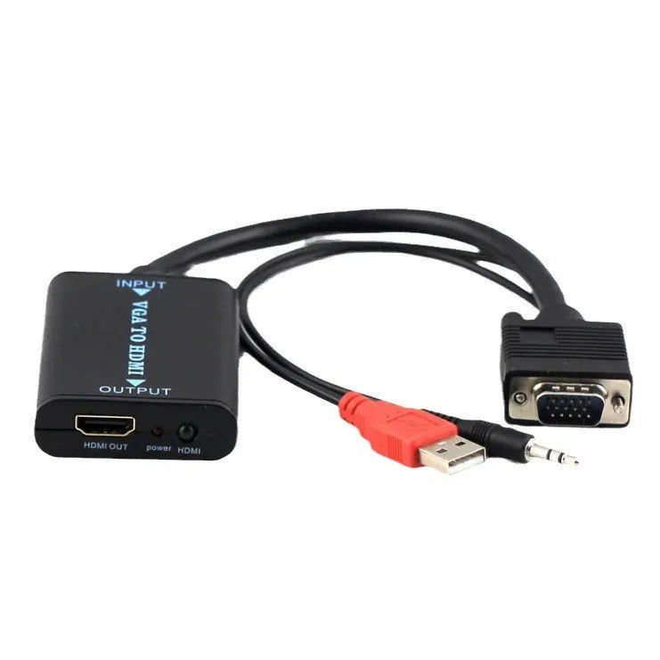 Black VGA to HDMI converter with USB cable for connecting computers to monitors with audio support