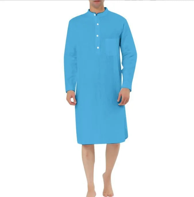 Men's cotton shirt robe with pockets shown in multiple colour options