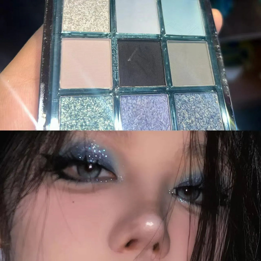 Mugeleen nine-colour eye shadow palette 08 with blue smoked design showing matte and shimmer finishes