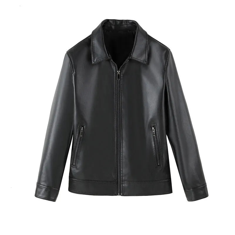 Men's solid black PU leather casual jacket with zipper pockets on a model.
