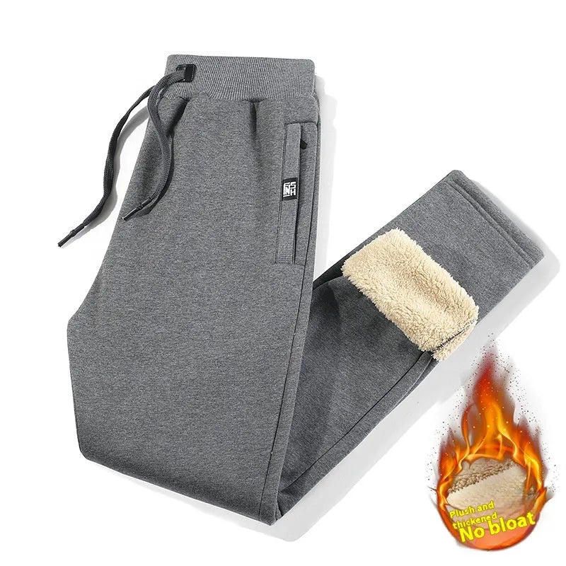 Men's grey fleece-lined cotton track pants with straight leg design and mid waist fit