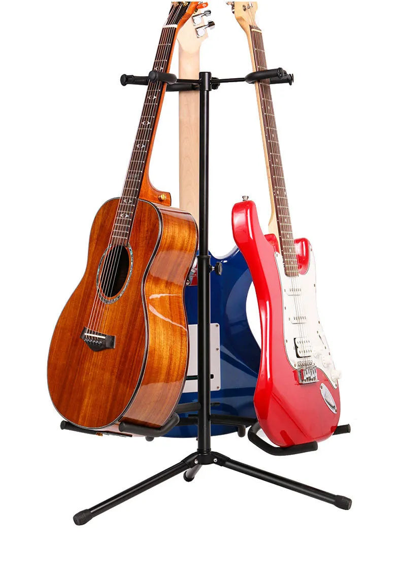 Black vertical double-headed adjustable guitar stand for acoustic and electric instruments