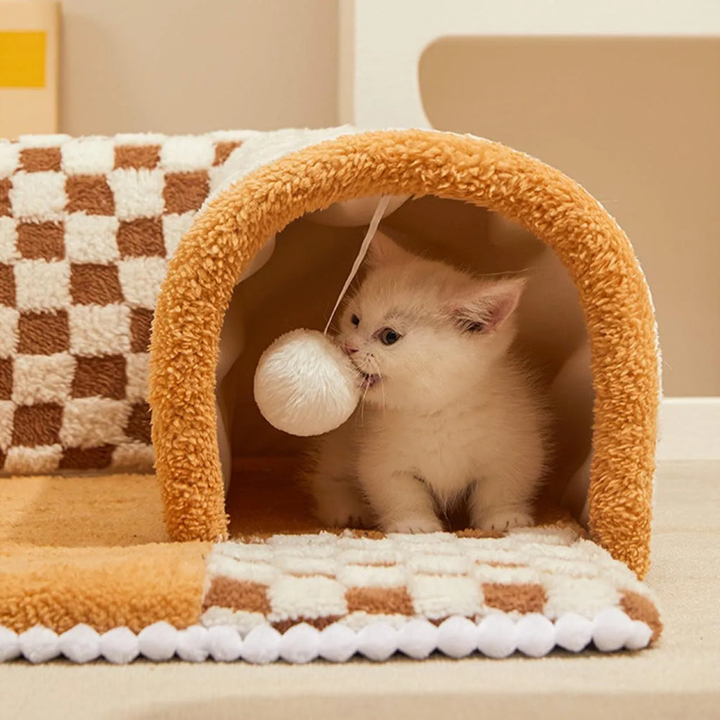XL size coffee and yellow plush 2-in-1 pet bed with integrated tunnel for cats and dogs