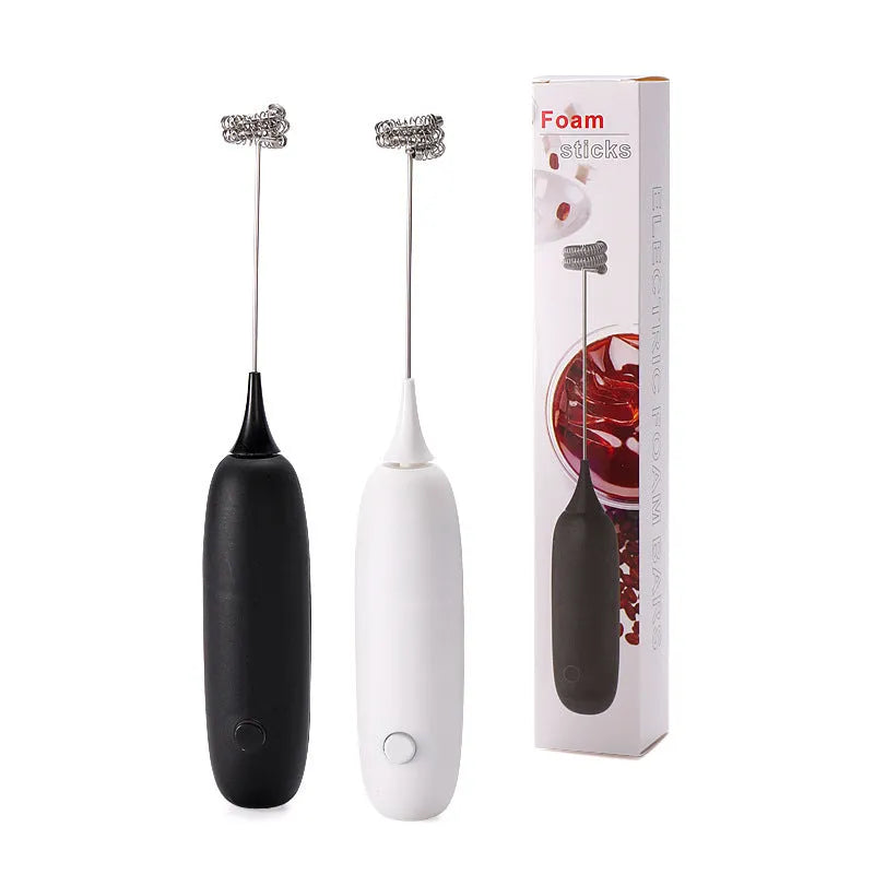 Hand-held electric milk frother blender in black and white colour options