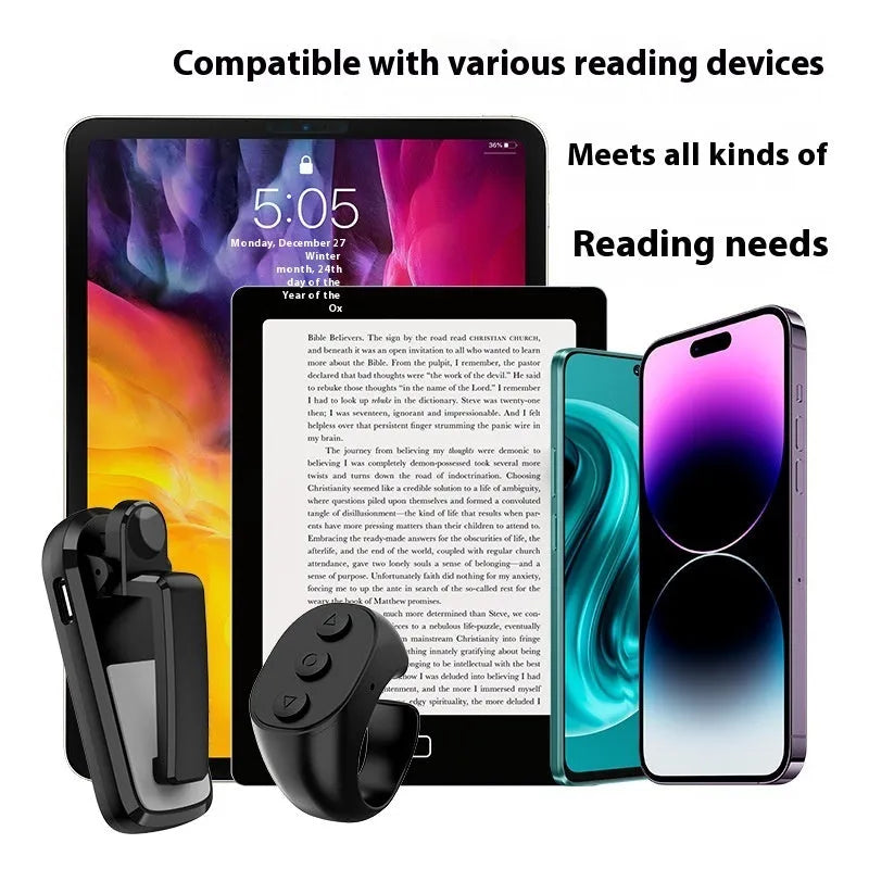 Smart wireless page turner remote control with clicker accessory in black, white, or pink colour.