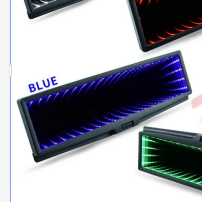 280mm wide flat car rearview mirror with anti-glare coating and colourful LED lighting in blue colour