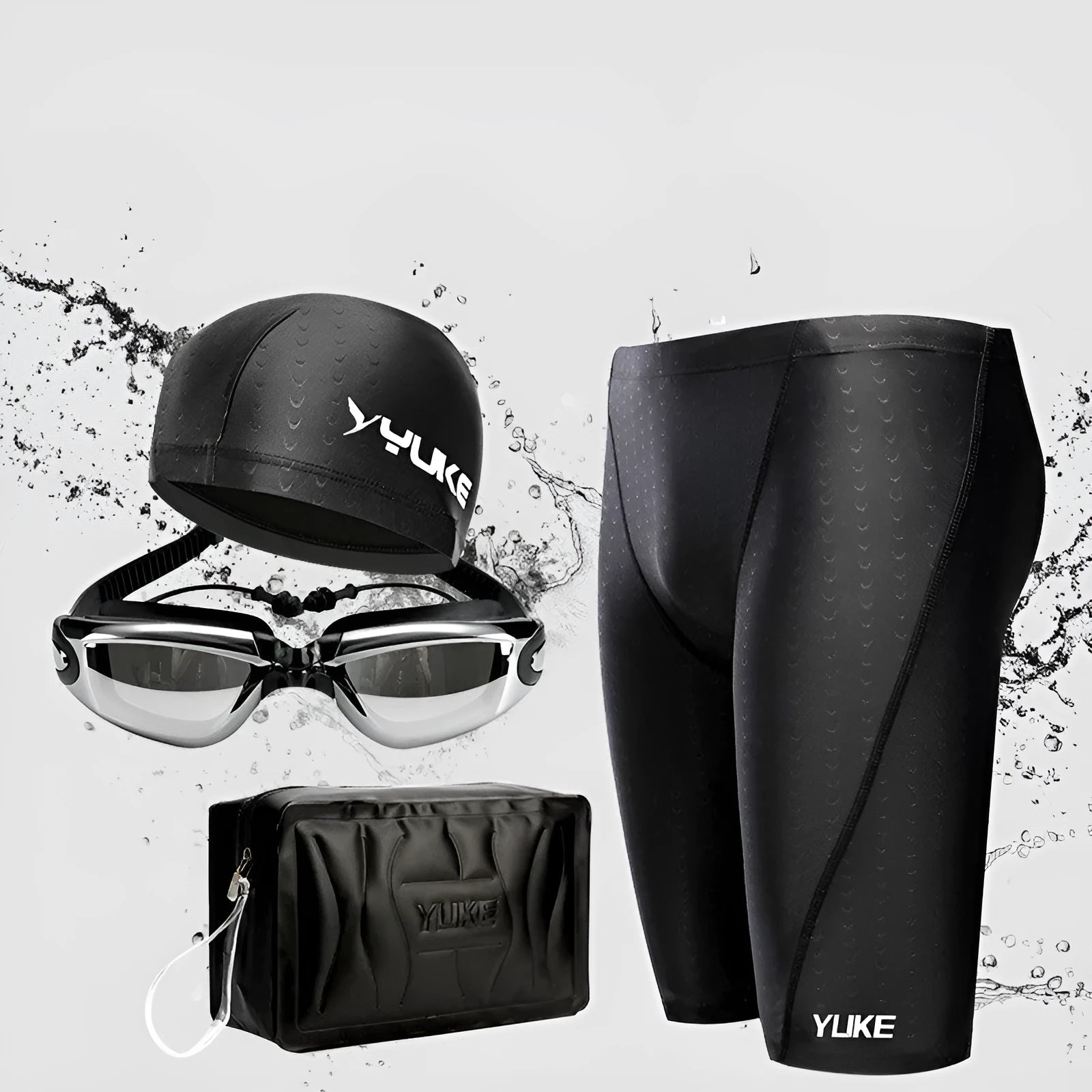 Men's black swimming set with trunks, anti-fog goggles, waterproof cap, ear plugs with nose clip, and carry bag