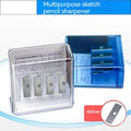 Four-hole geometric plastic pencil sharpener with included screwdriver on a white background.