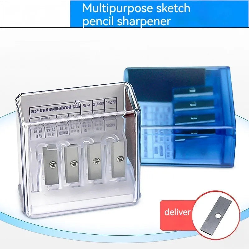 Four-hole geometric plastic pencil sharpener with included screwdriver on a white background.