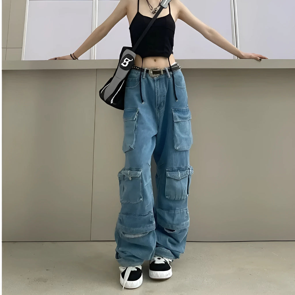 Women's high waist wide leg trousers with multi-pocket street hipster design in tie-dyed blue denim