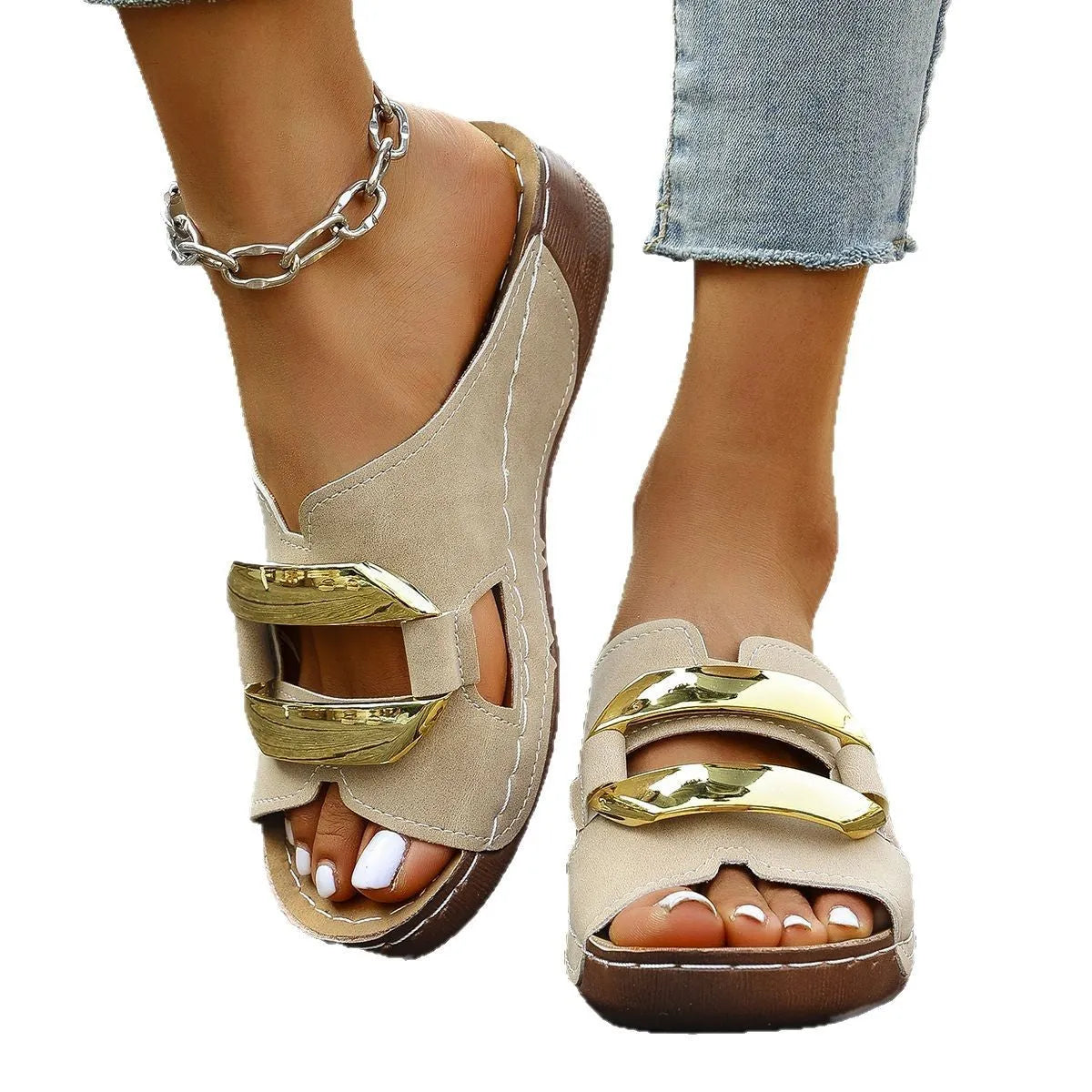 Roman style flat platform sandals in white, black, khaki, and sea blue with a metal detail and rubber sole.