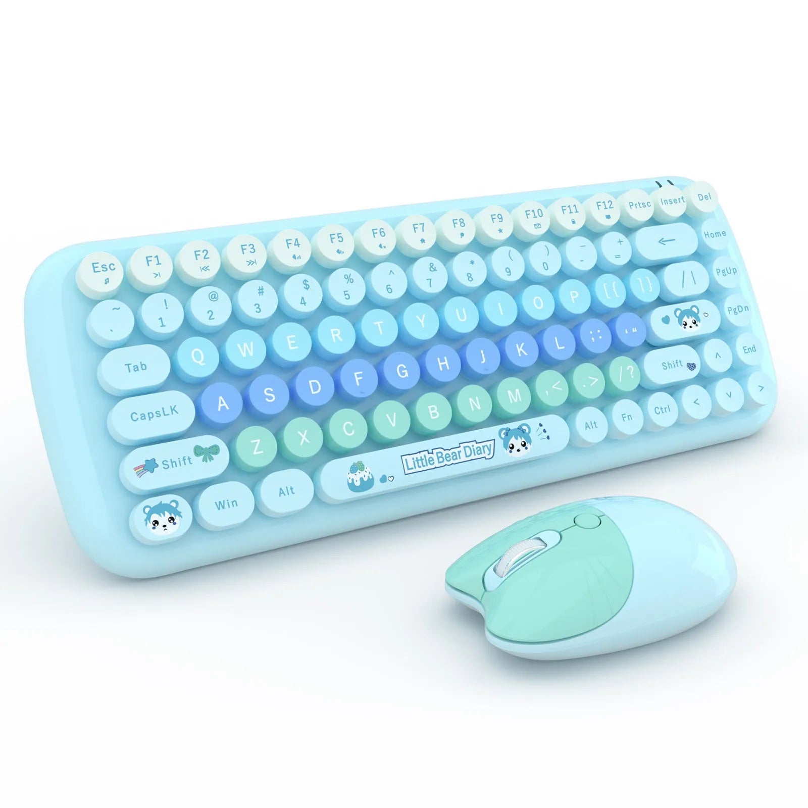 Pink wireless keyboard and mouse set with cartoon design showing keyboard dimensions of 43.5cm