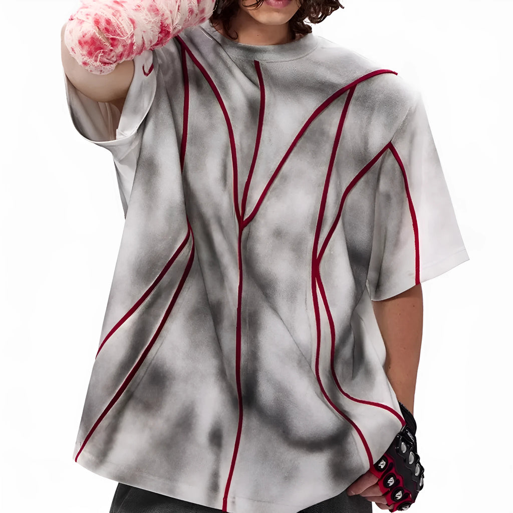 Short sleeve t-shirt with padded shoulders and three-dimensional patchwork design in round neck style