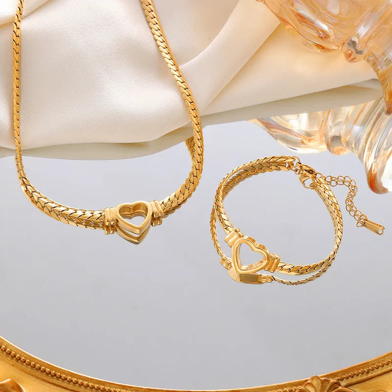 Gold personalised love chain necklace bracelet set with heart pendant on Cuban chain