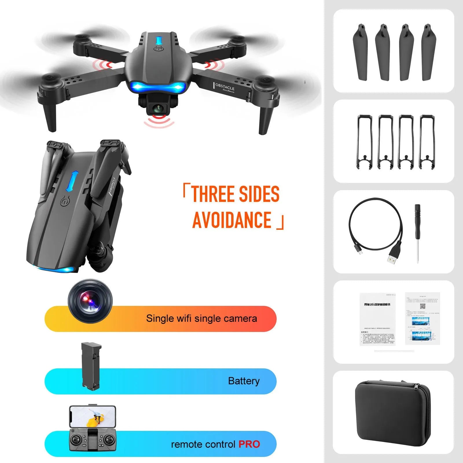 4K dual camera drone with three-sided obstacle avoidance, black, folded size 13x7x5.5 cm