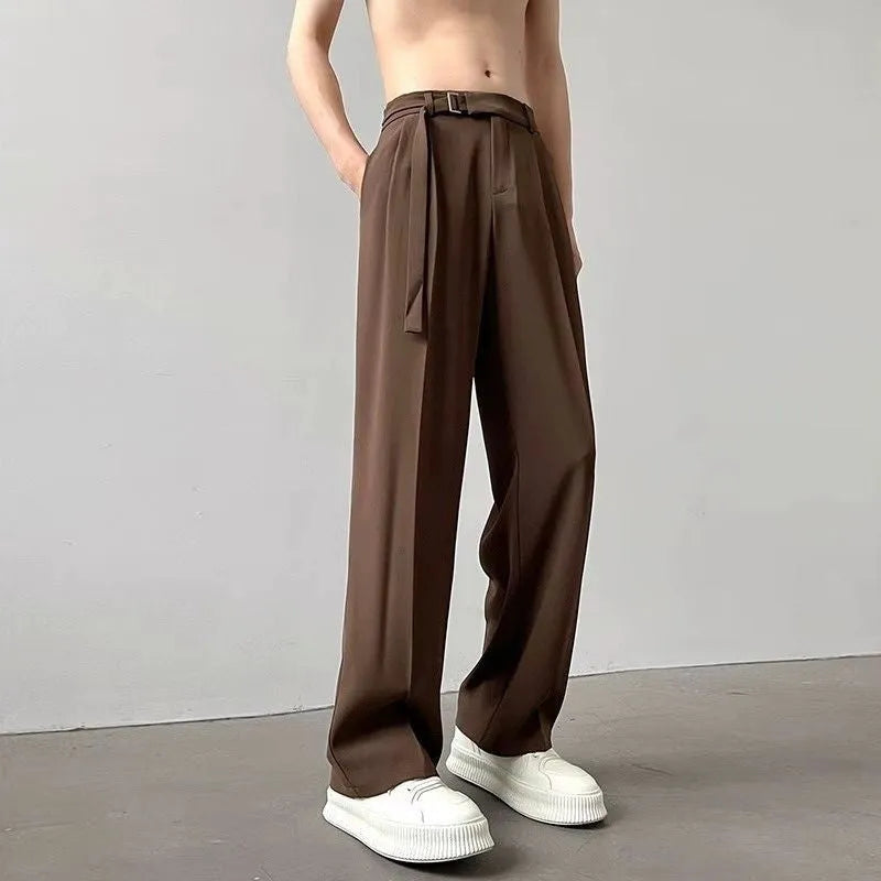 Thin straight black wide leg casual pants with loose fit and straight leg opening
