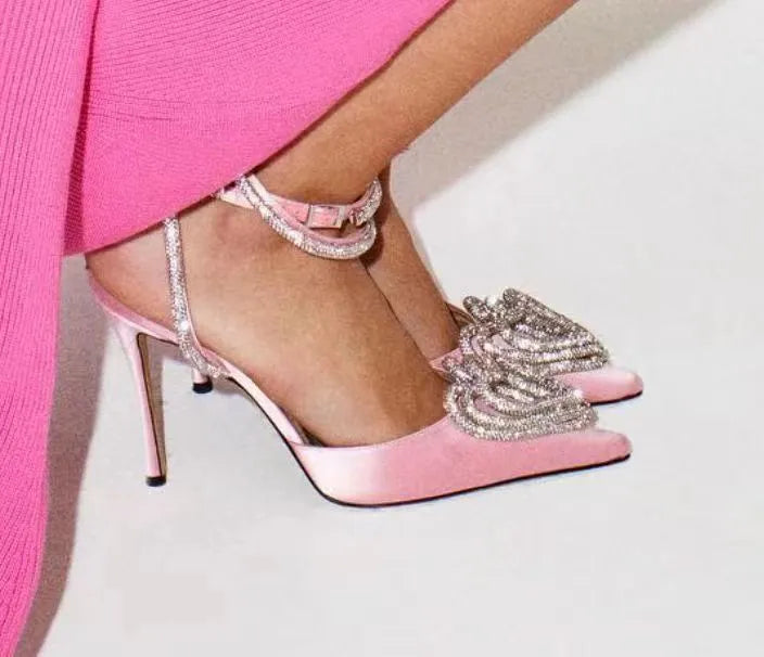 Women's pointed toe sandals with satin uppers, rhinestone details and adjustable cross-belt ankle wrap