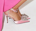 Women's pointed toe sandals with satin uppers, rhinestone details and adjustable cross-belt ankle wrap