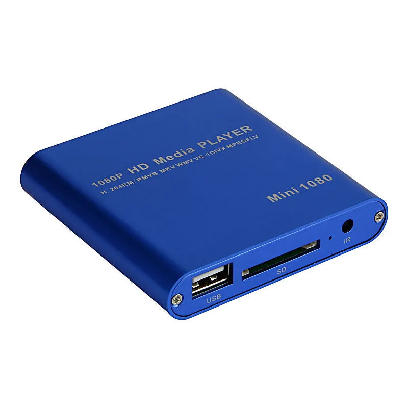 Compact black and blue all-metal 1080p HD media player with remote control on a wooden surface.
