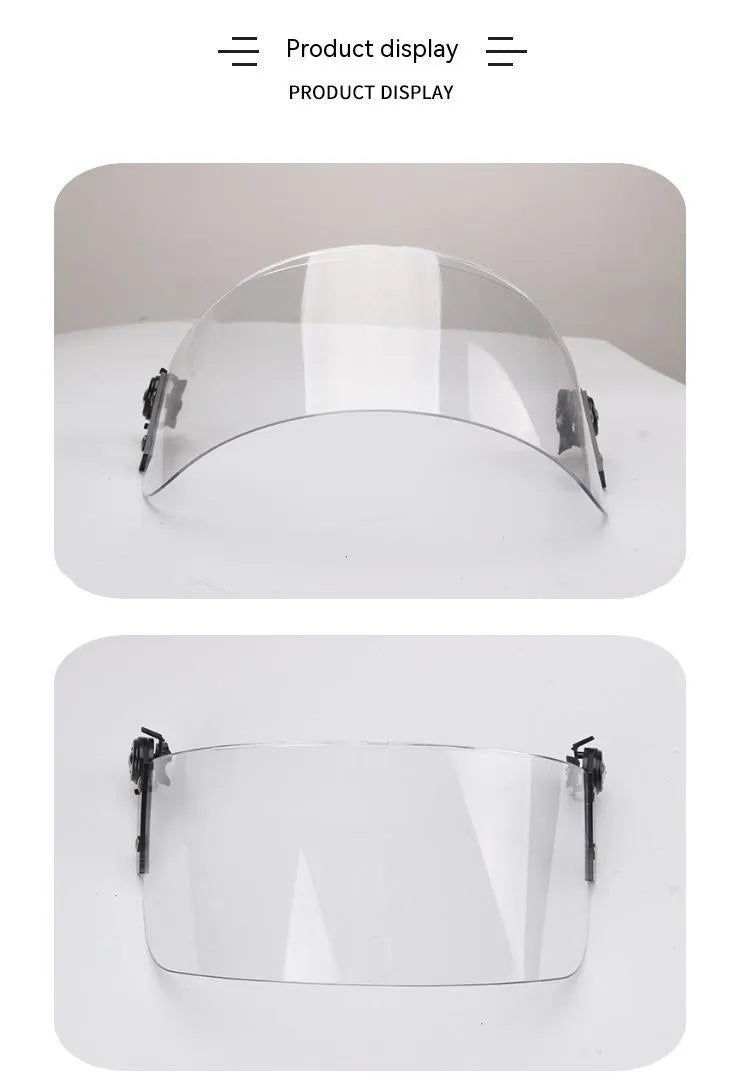 Transparent polycarbonate helmet face mask with windproof lens and guide rail mounting