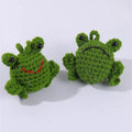 Handmade green plush frog woven car pendant hanging, showing soft texture and cartoon design.