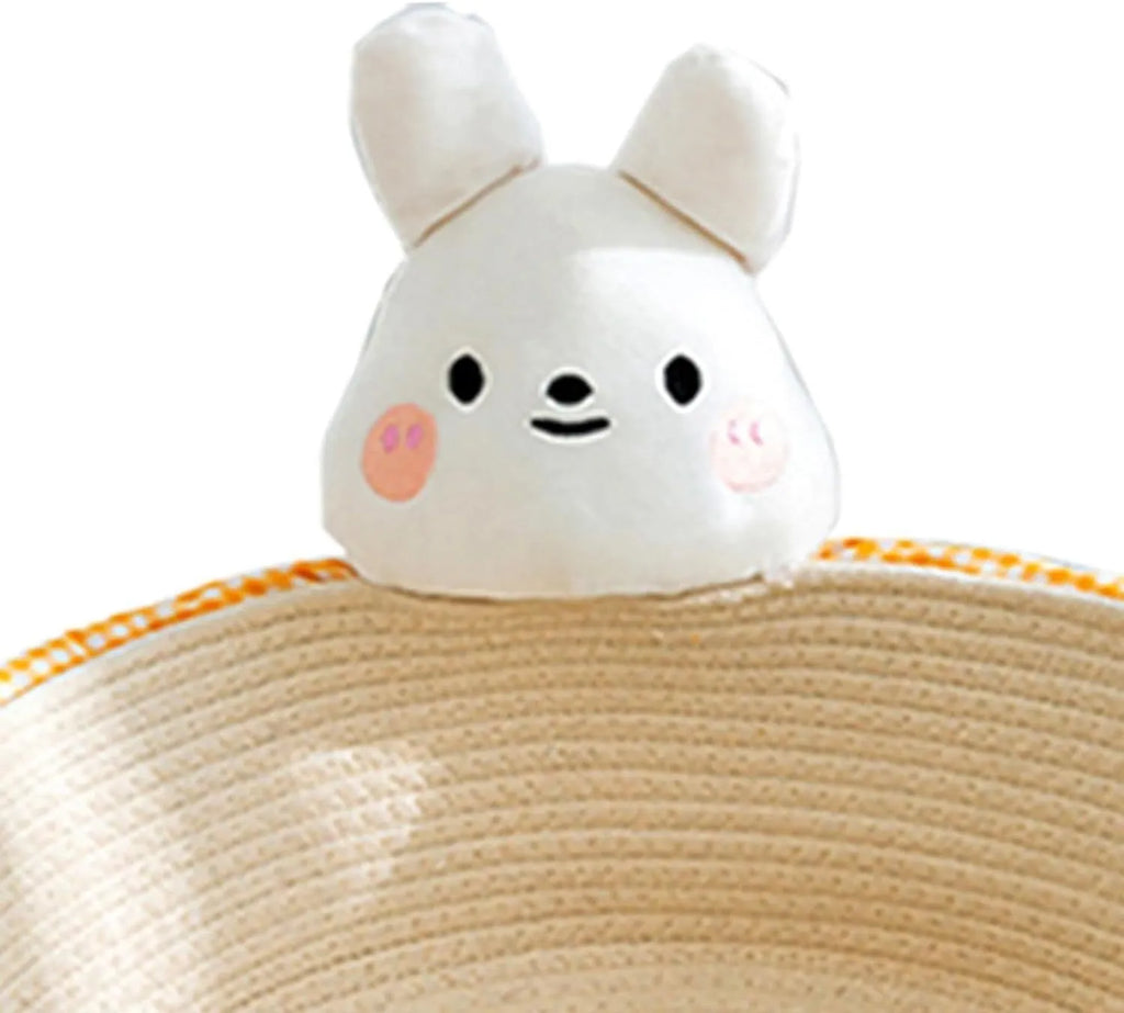 Woven cotton rope cat bed basket with integrated scratch pad in bear design