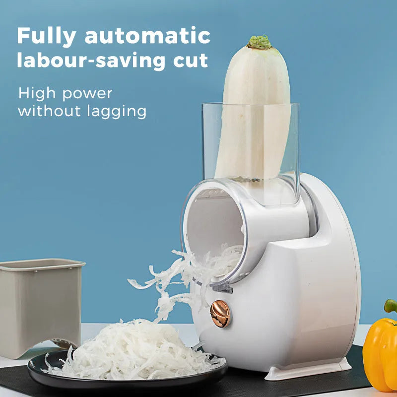White electric vegetable slicer with suction base and multiple blades for potato and carrot cutting