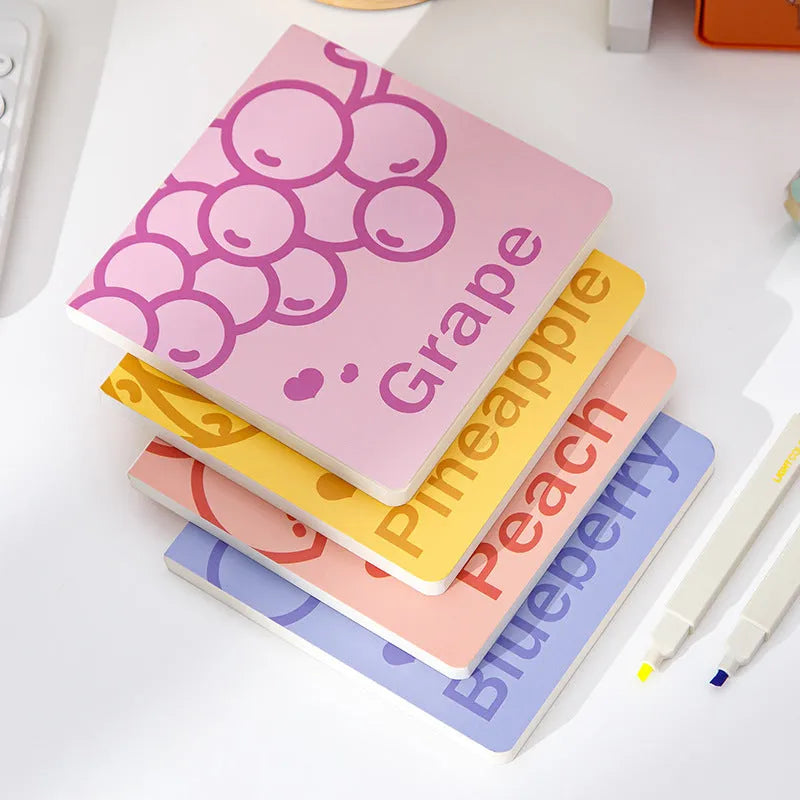 Square notebook with fruit embossed cover design showing 14.5cm dimensions
