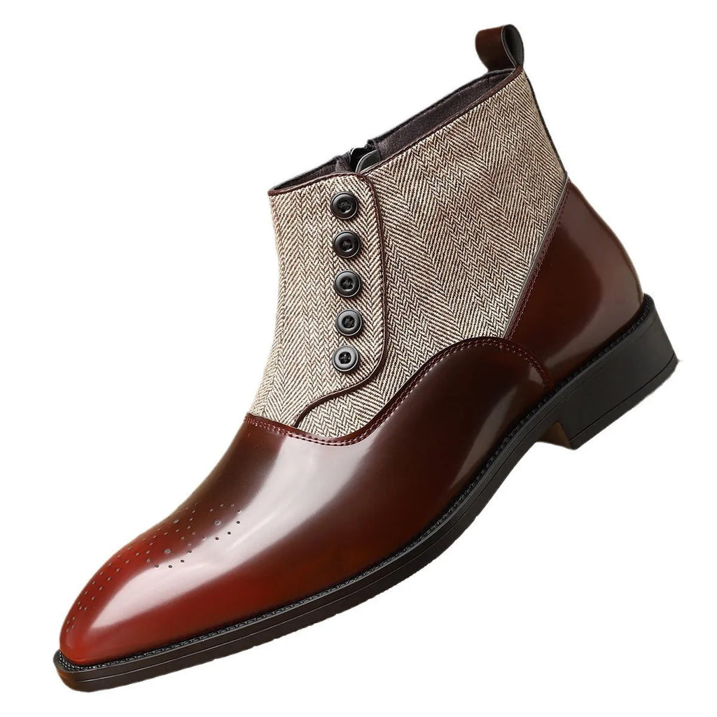 Men's brown retro leather shoes with side zipper and square toe on a white background
