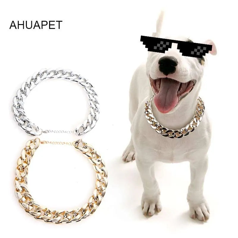 Gold chain dog collar with twisted piece chain design for small to medium dogs, adjustable from 21cm to 50cm