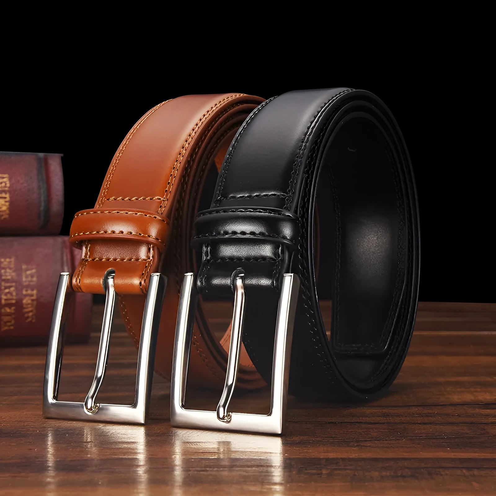 Men's black leather belt with a silver alloy pin buckle on a white background
