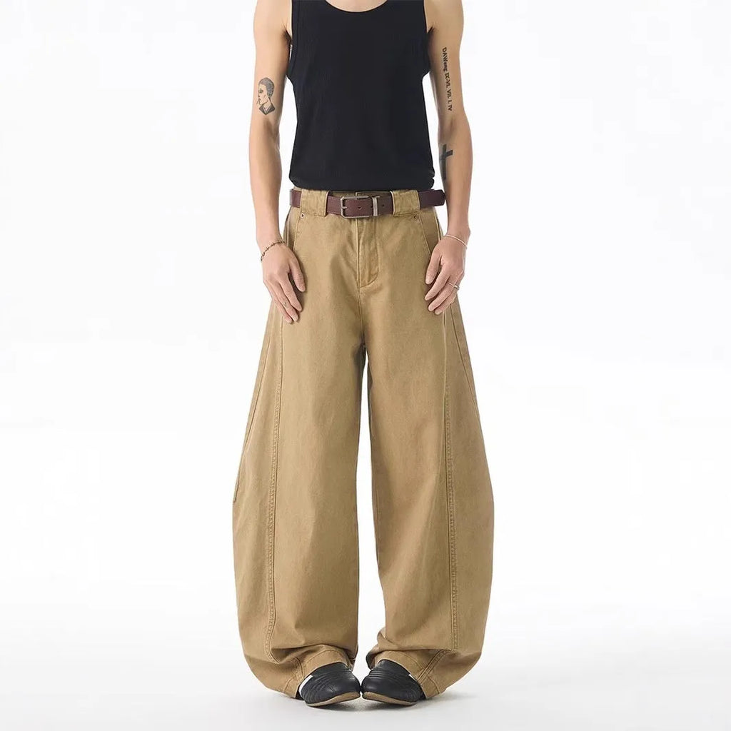 Brown Korean style loose fit men's jeans trousers with straight leg design and cardigan button fly
