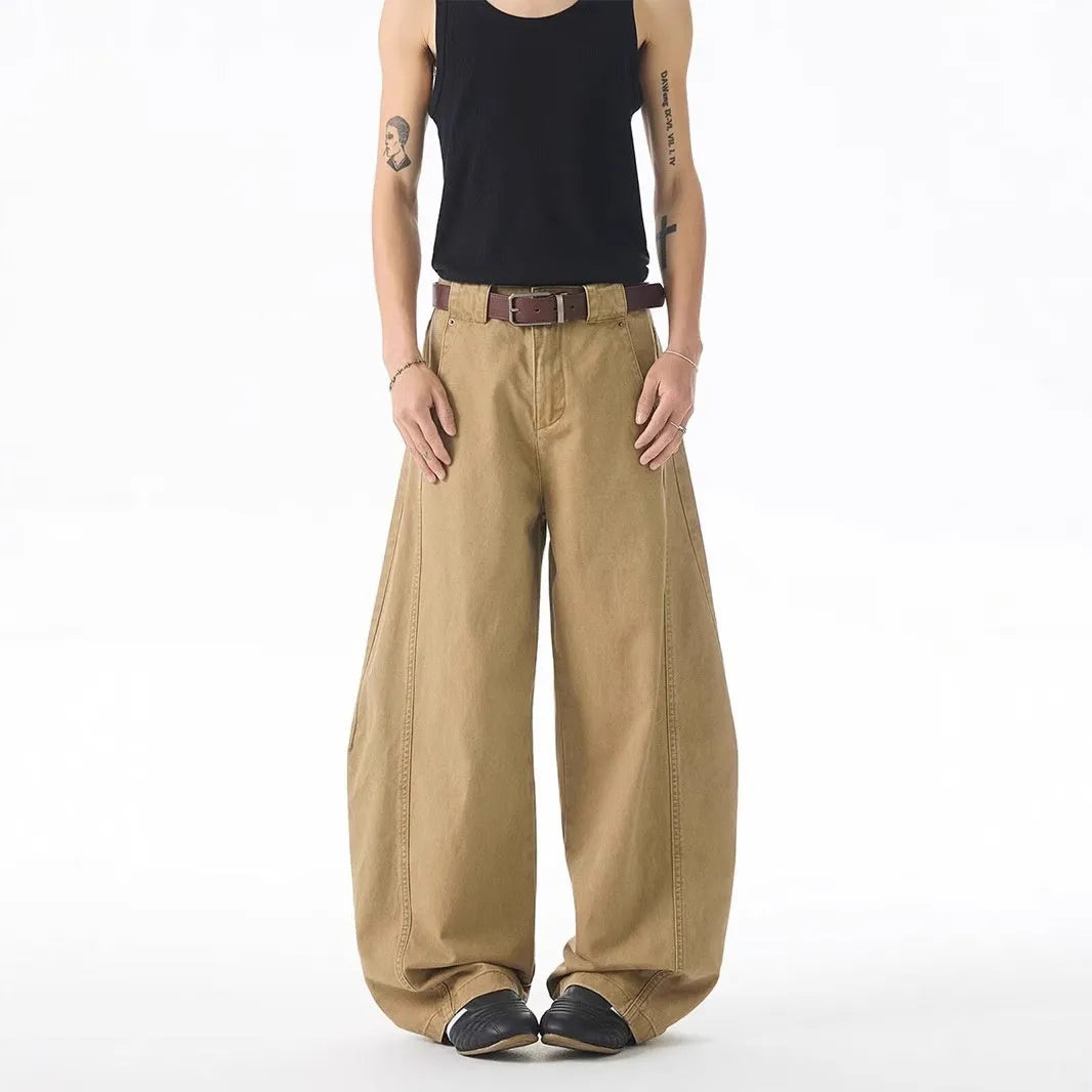 Brown Korean style loose fit men's jeans trousers with straight leg design and cardigan button fly