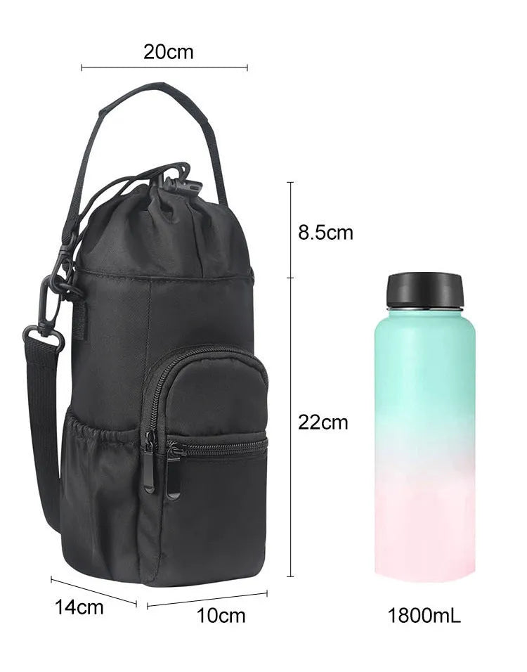 Soft cloth water bottle pouch with adjustable strap shown in black, green, and pink colour options.