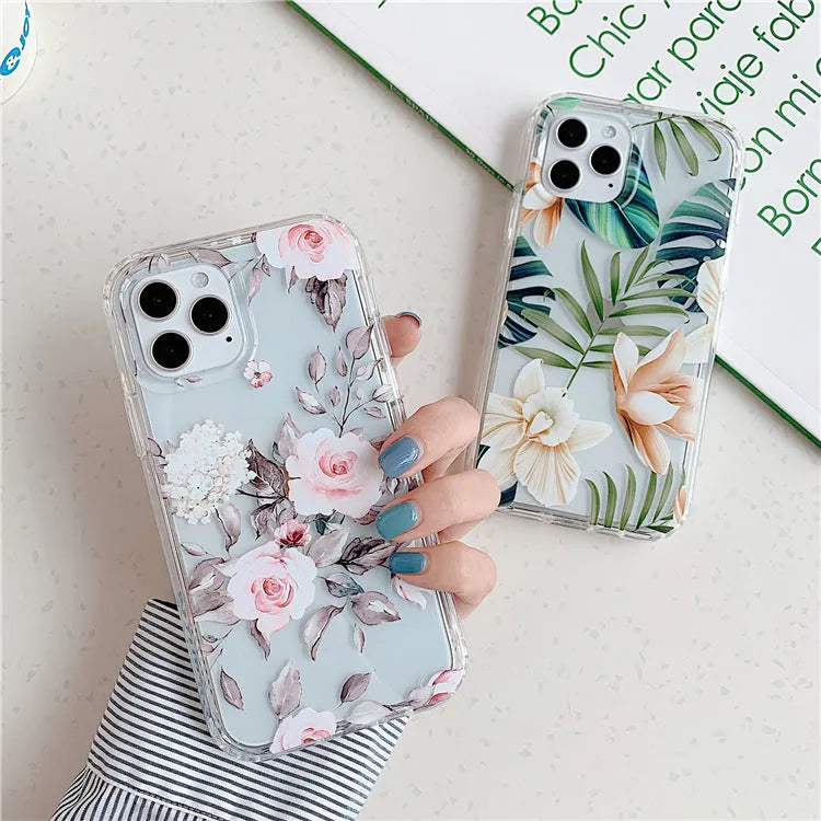 Green leaf flower transparent silicone phone case for iPhone showing drop protection