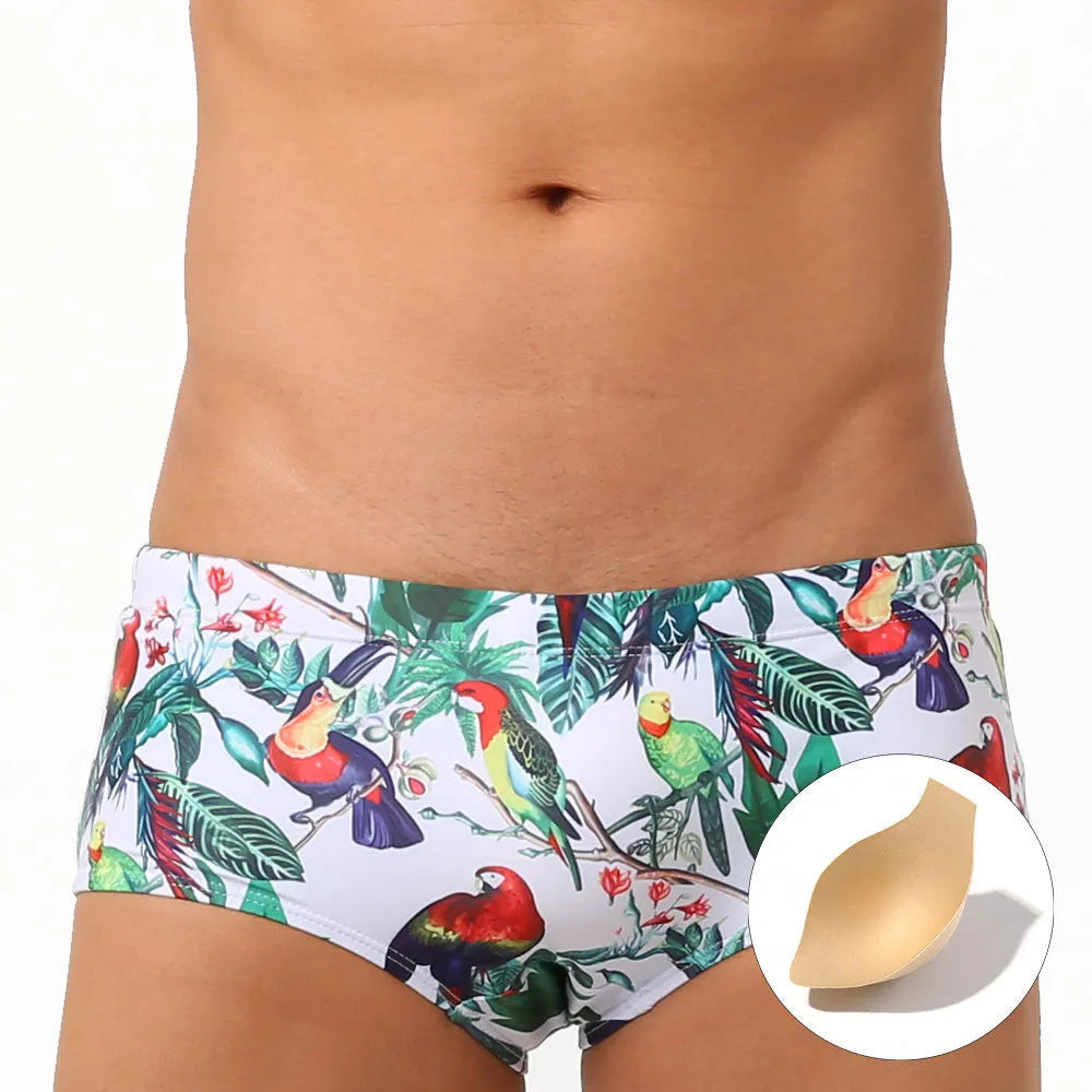 Men's flower and bird print swimming trunks in nylon boxer brief style