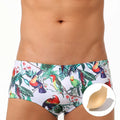 Men's flower and bird print swimming trunks in nylon boxer brief style