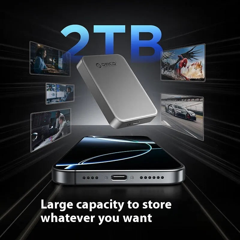 Grey ultra-thin magnetic mobile solid state drive with C to C cable and magnetic ring on packaging.