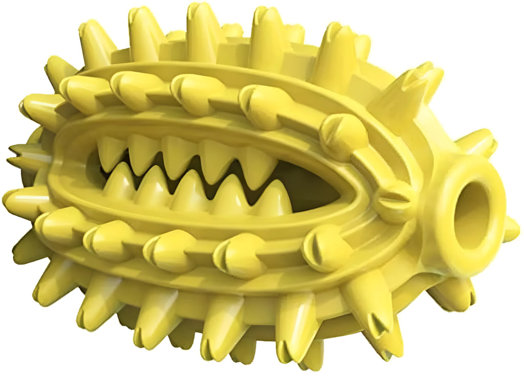 Green and yellow cactus-shaped dog toothbrush toy for aggressive chewers with dental cleaning bumps